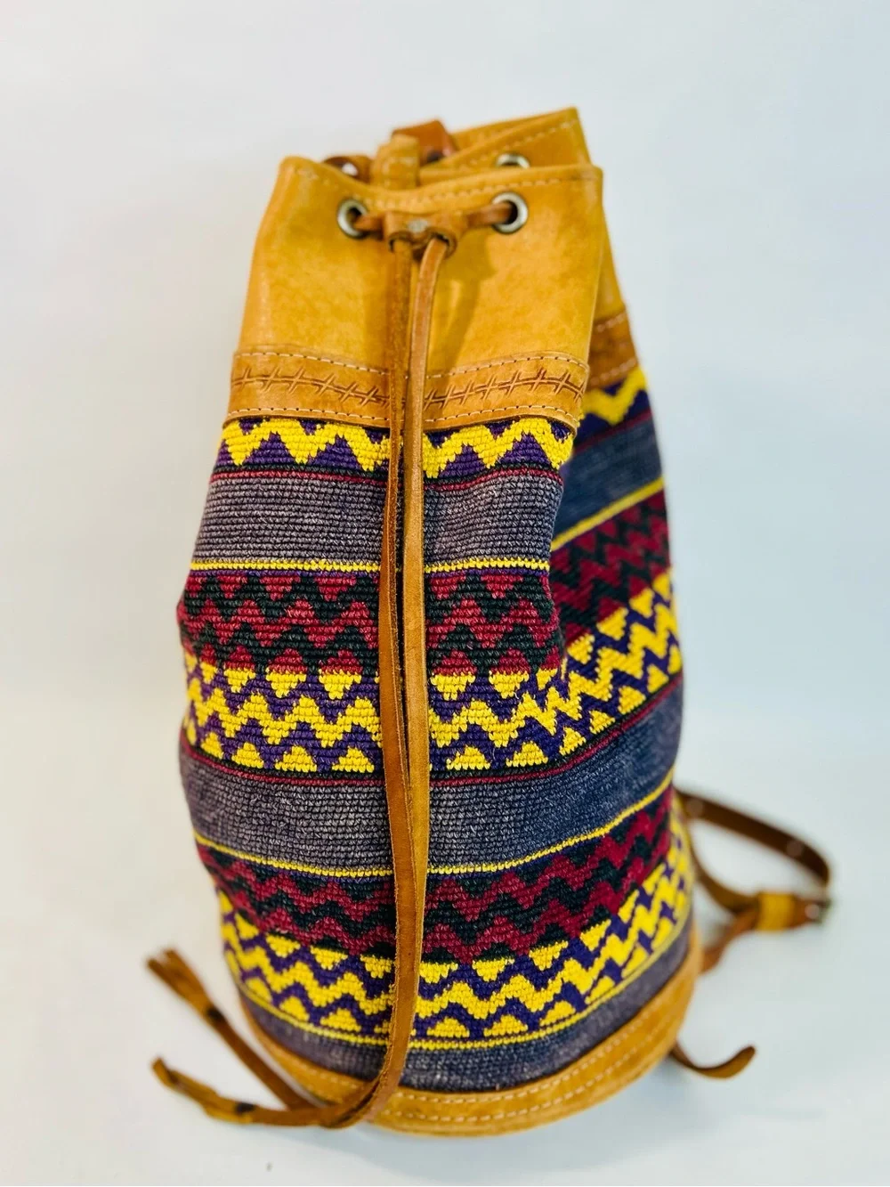 Vintage Handwoven Kilim Backpack Bucket Bag, Drawstring, Tribal Pattern, Leather